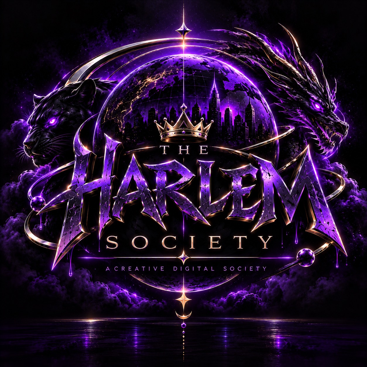 The Harlem Society cosmic city identity with a gold crown, black panther, dragon, and electric purple orbit